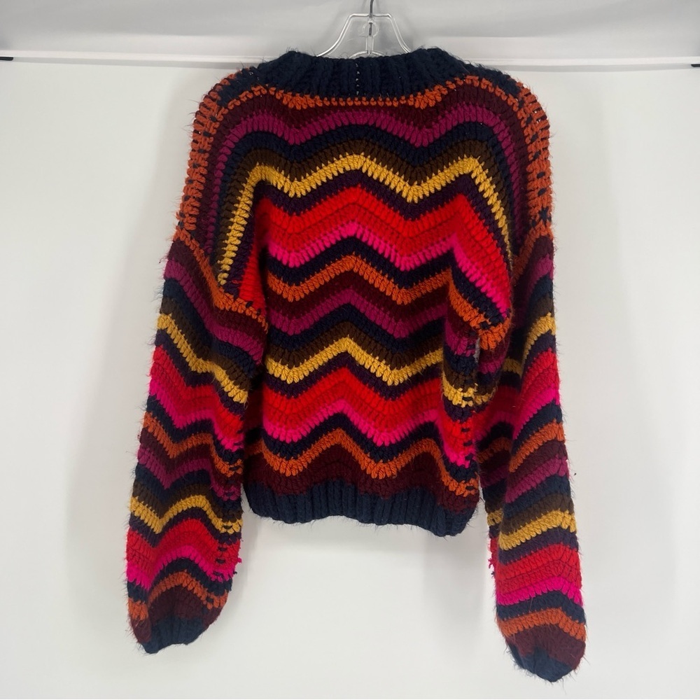 Farm Rio Colorful Waves Rainbow Handmade Crochet Balloon Sleeve Sweater Small - Picture 10 of 10